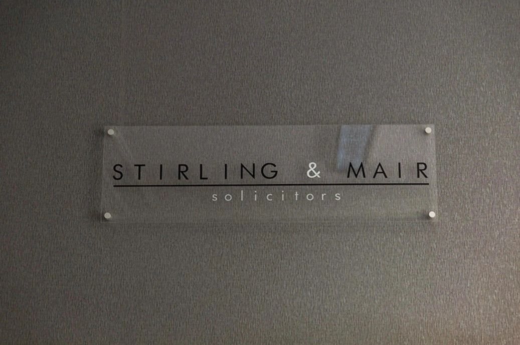 The Stirling & Mair Solicitors sign at the office